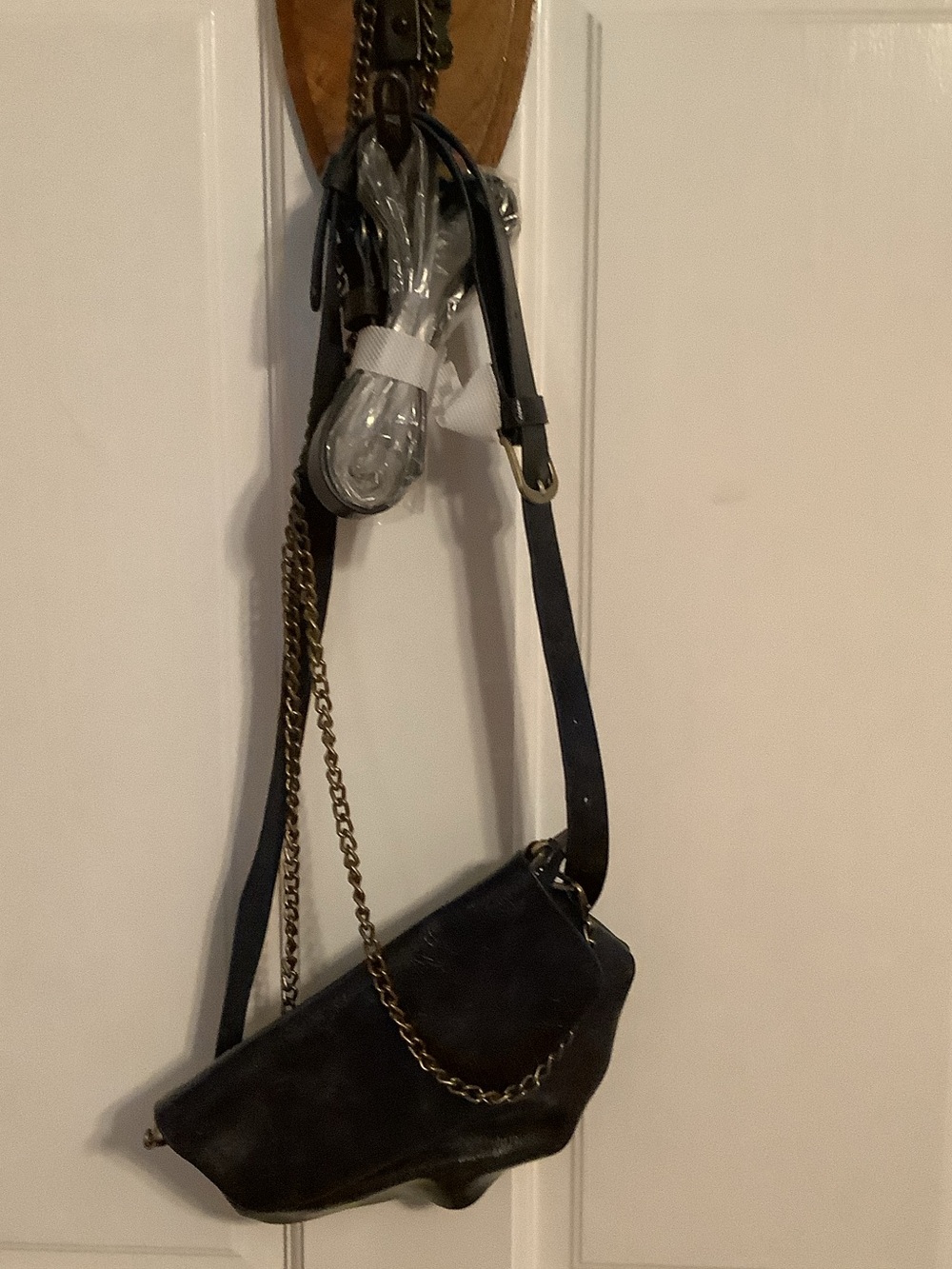 Anthropologie Blue Mini Crossbody with Gold Chain and Belt.